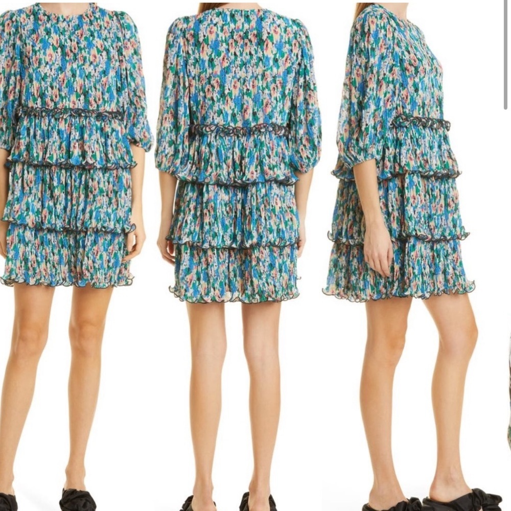GANNI Floral Layered Plisse Georgette Dress
